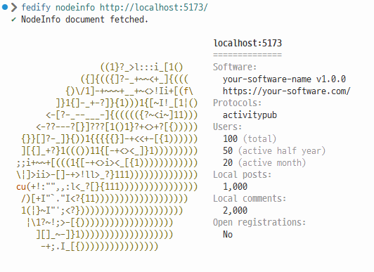 fedify nodeinfo 커맨드가 정상적으로 개발서버의 nodeinfo를 가져온 모습